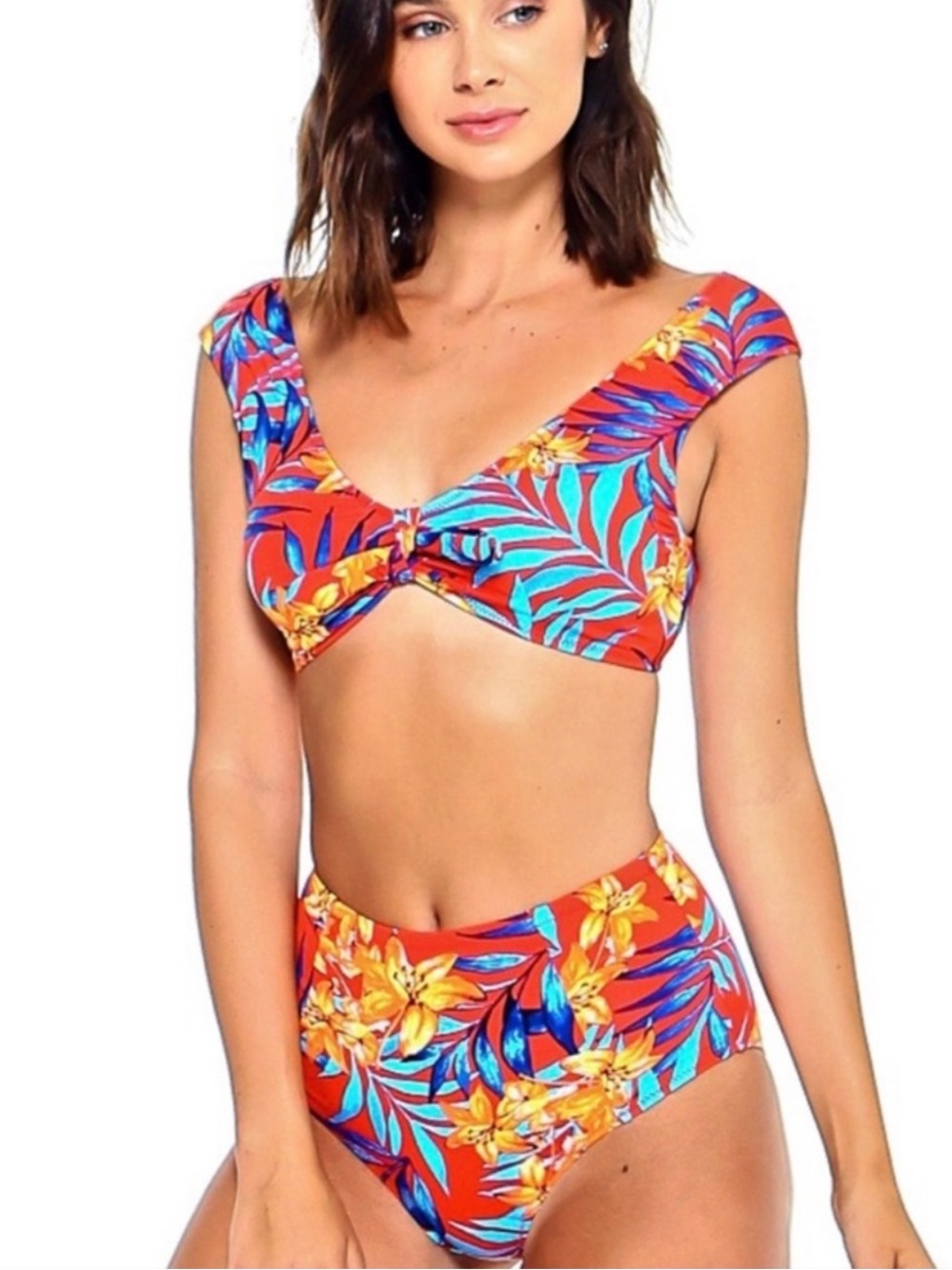 Envya Tropical Red Floral Tie-Front High Waisted Bikini Set